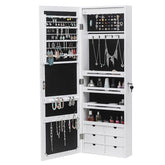 HAOYYE Wall Mounted Jewelry Cabinet with Mirror and Blue LED Lights, 4-Layer Storage Shelves and 6 Drawers, White Wooden Lockable Jewelry Organizer Armoire with Elegant Design